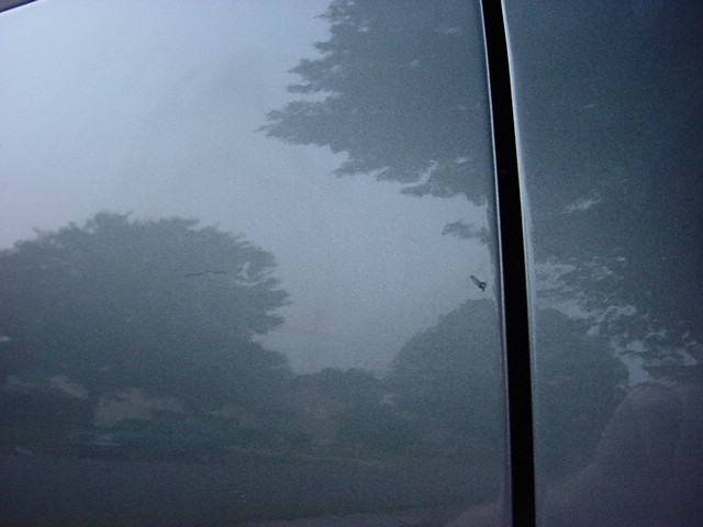 Passenger side rear door has 2 scratches and one dent